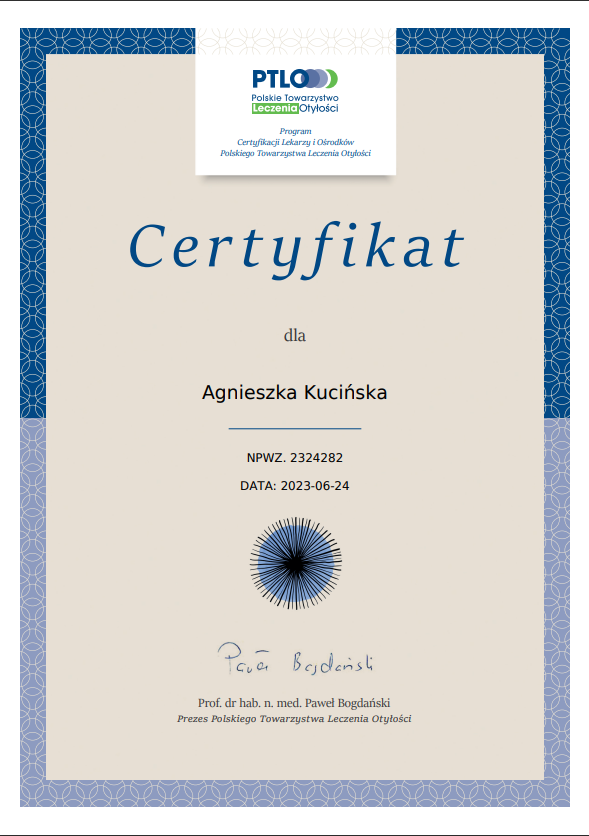 Certyfikat PTLO dla Agnieszka Kucińska