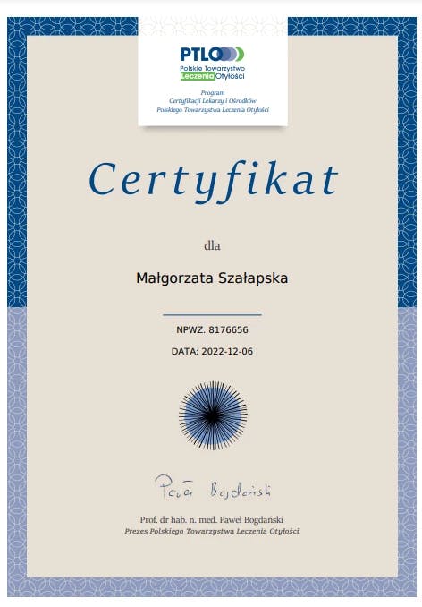Certyfikat PTLO dla Małgorzata Szałapska