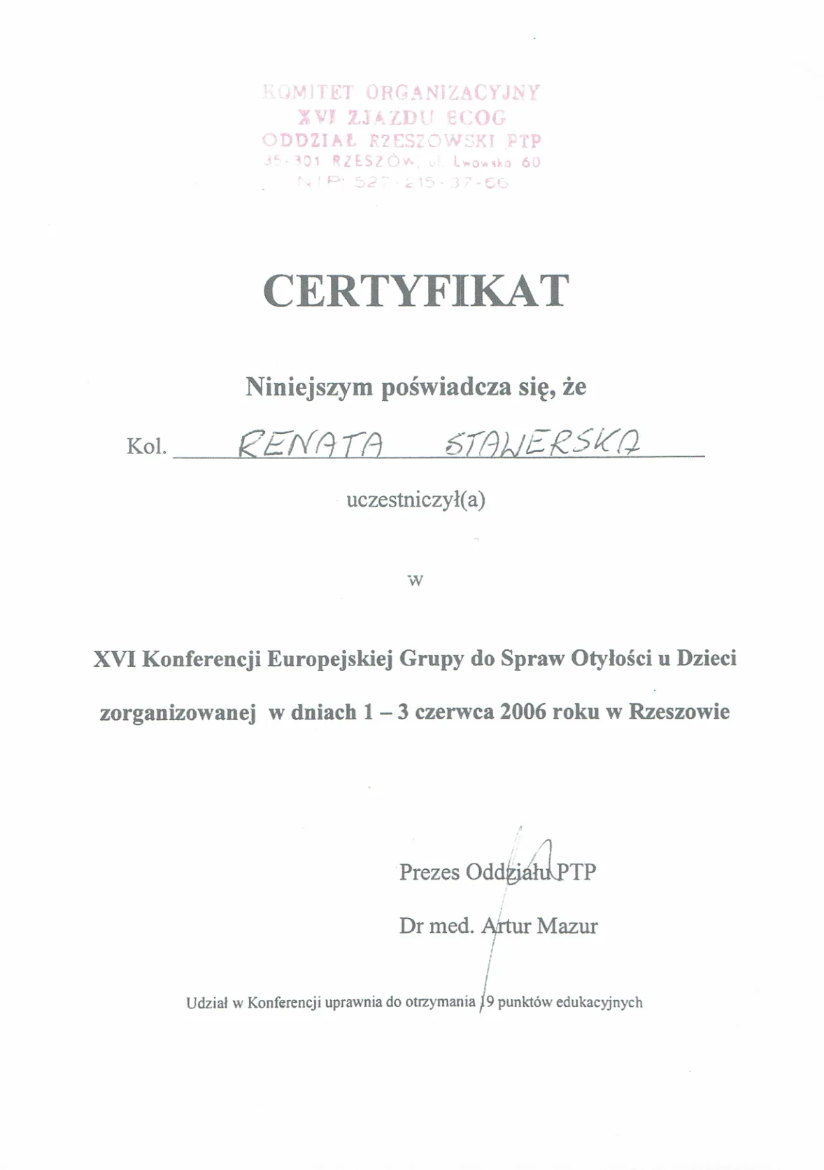 Certyfikaty prof Renata Stawerska 10