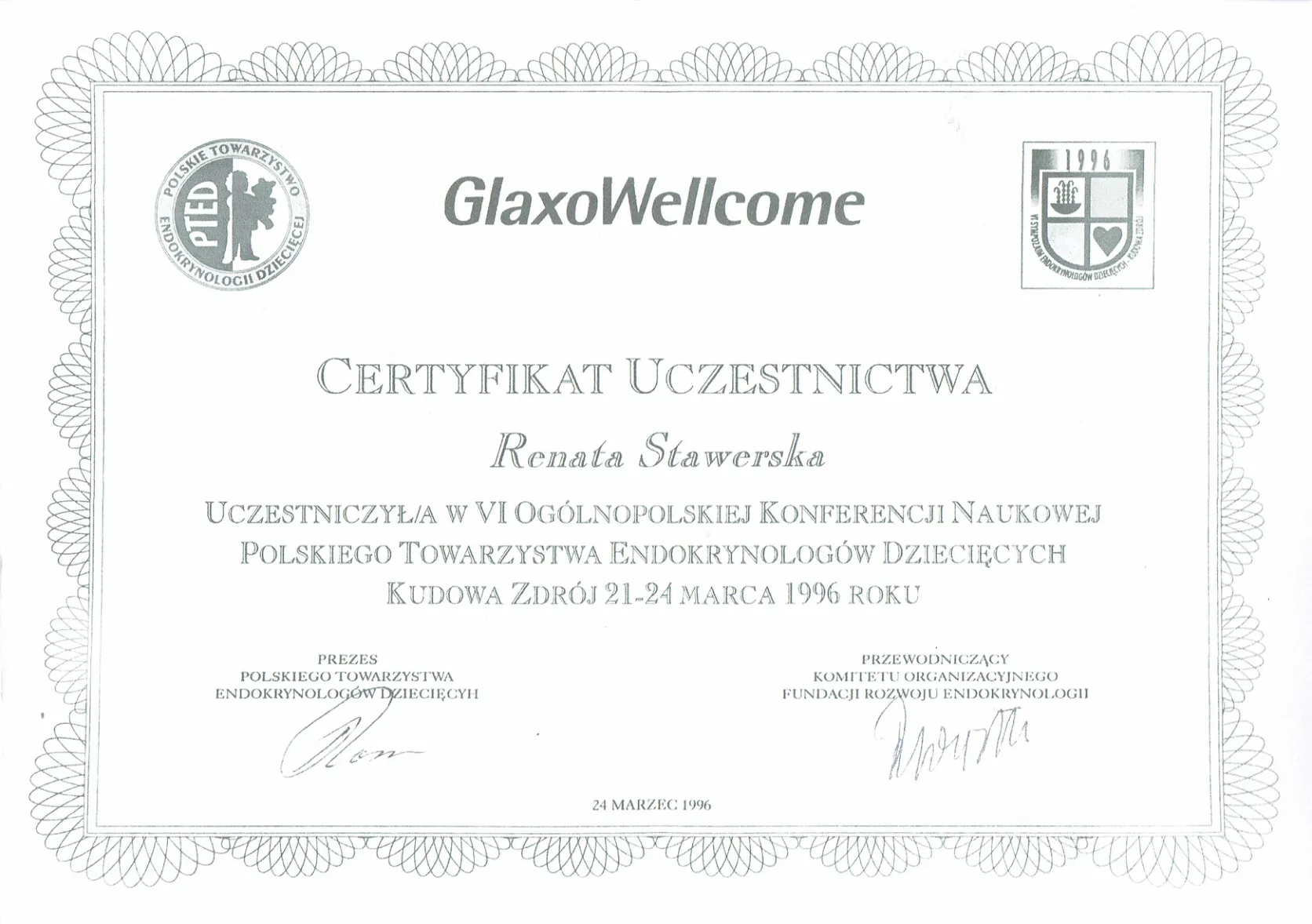 Dyplomy certyfikaty prof Renata Stawerska 06