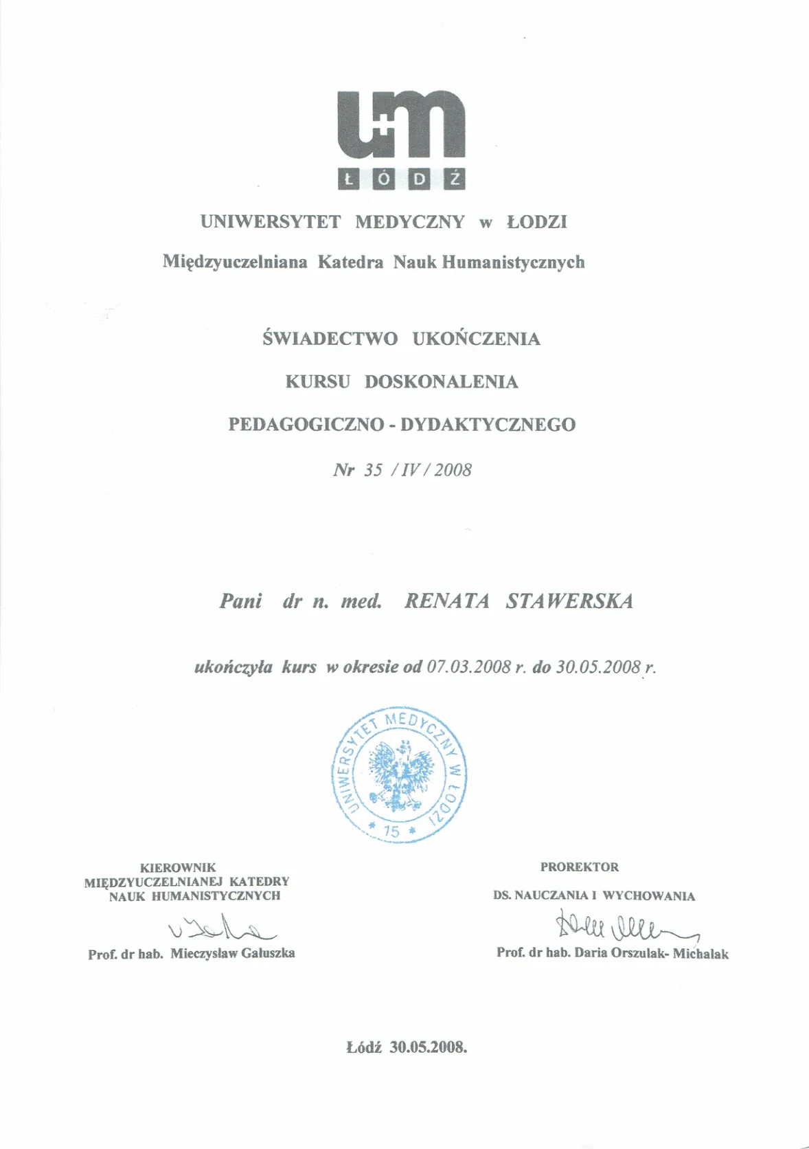 Dyplomy certyfikaty prof Renata Stawerska 08