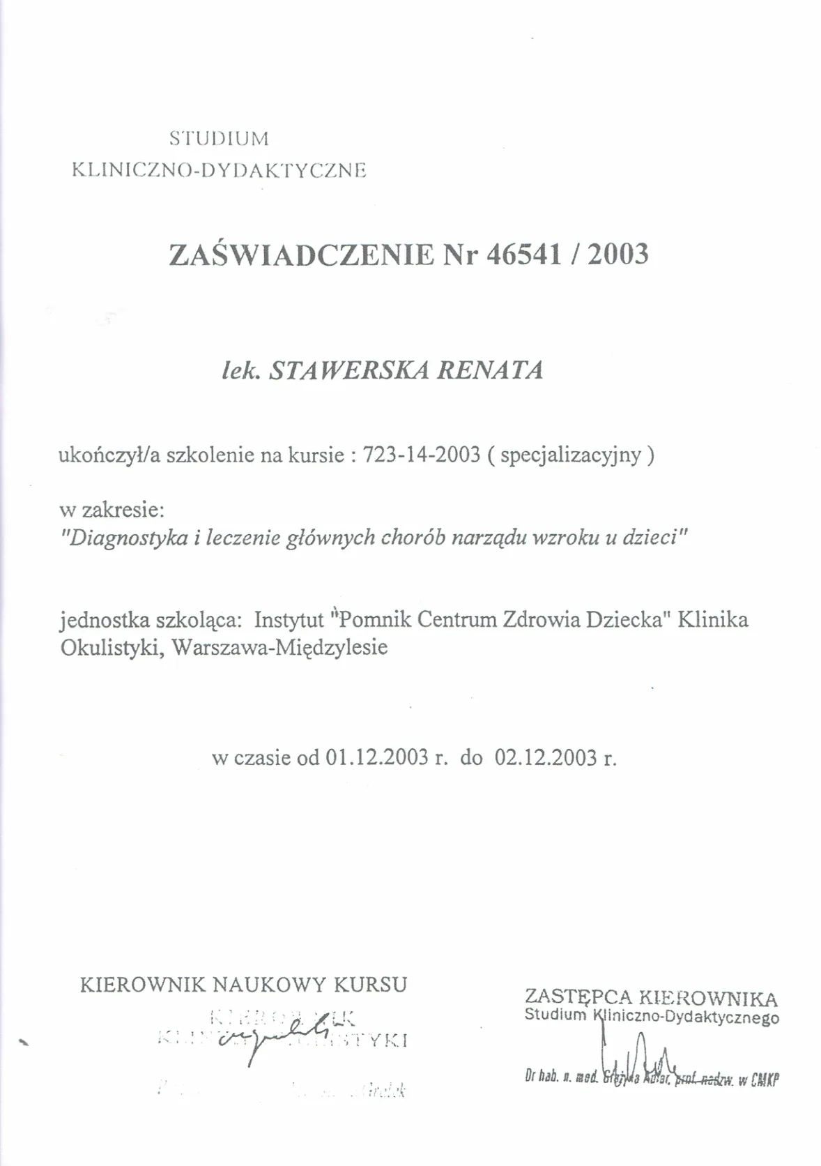 Dyplomy certyfikaty prof Renata Stawerska 10