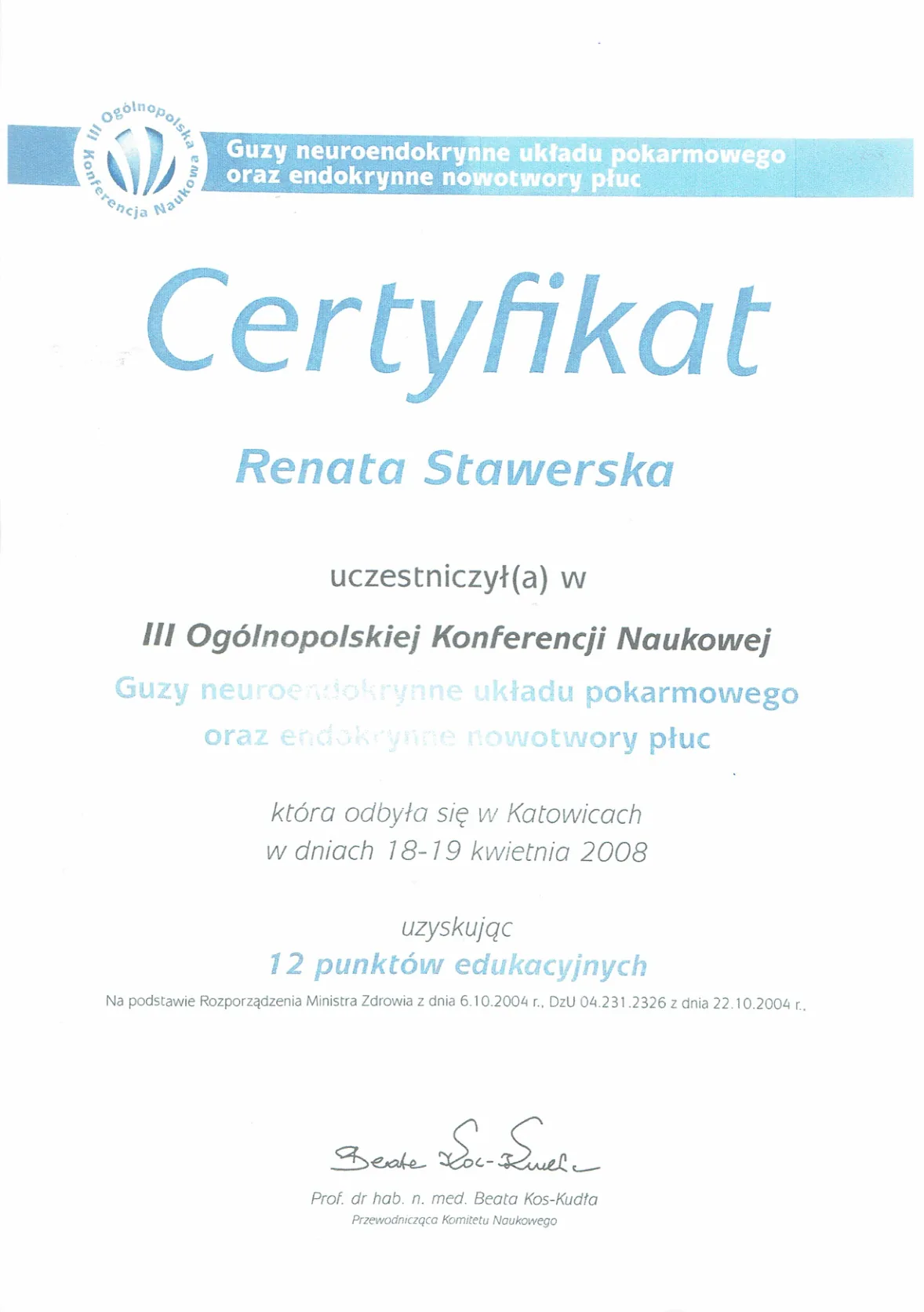 Dyplomy certyfikaty prof Renata Stawerska 13