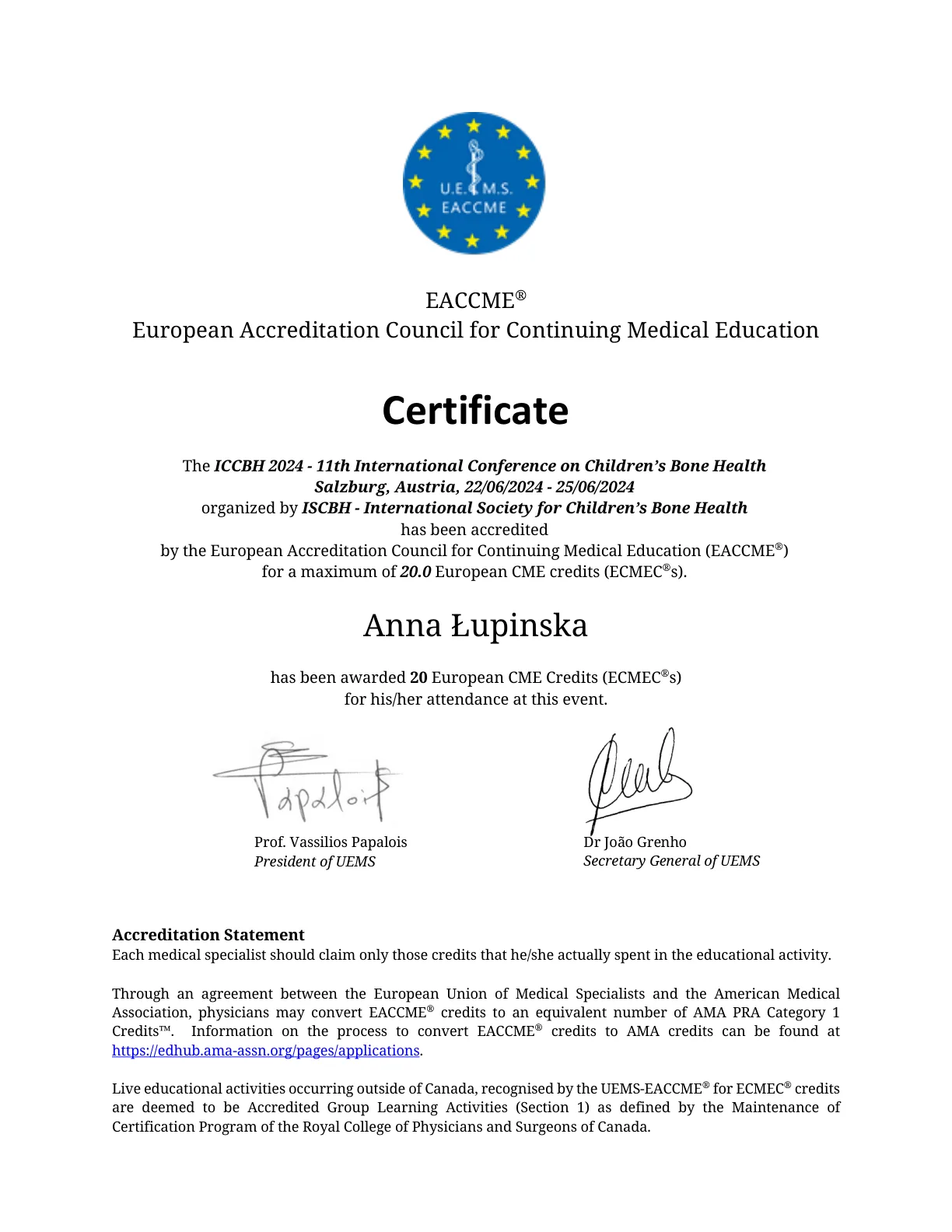 ICCBH 2024 CME Certificate Anna Łupinska 01