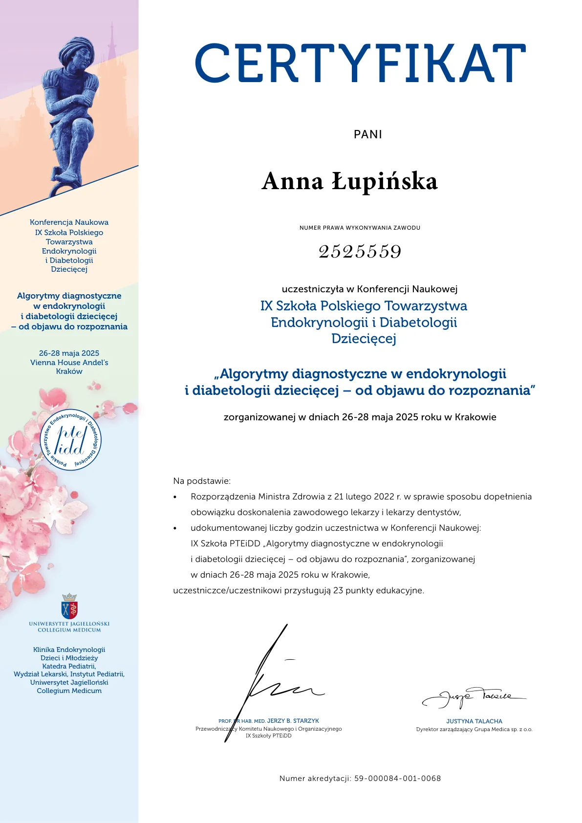 certyfikat Anna Łupińska Kraków 2025