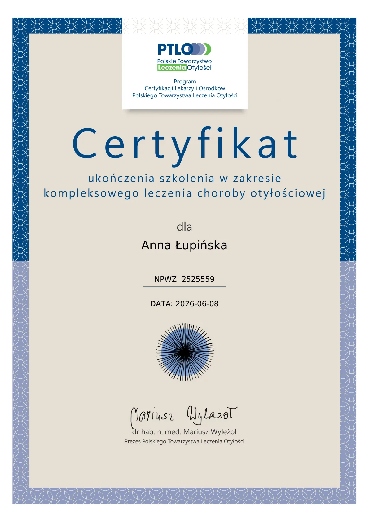 certyfikat dr Anna Lupinska