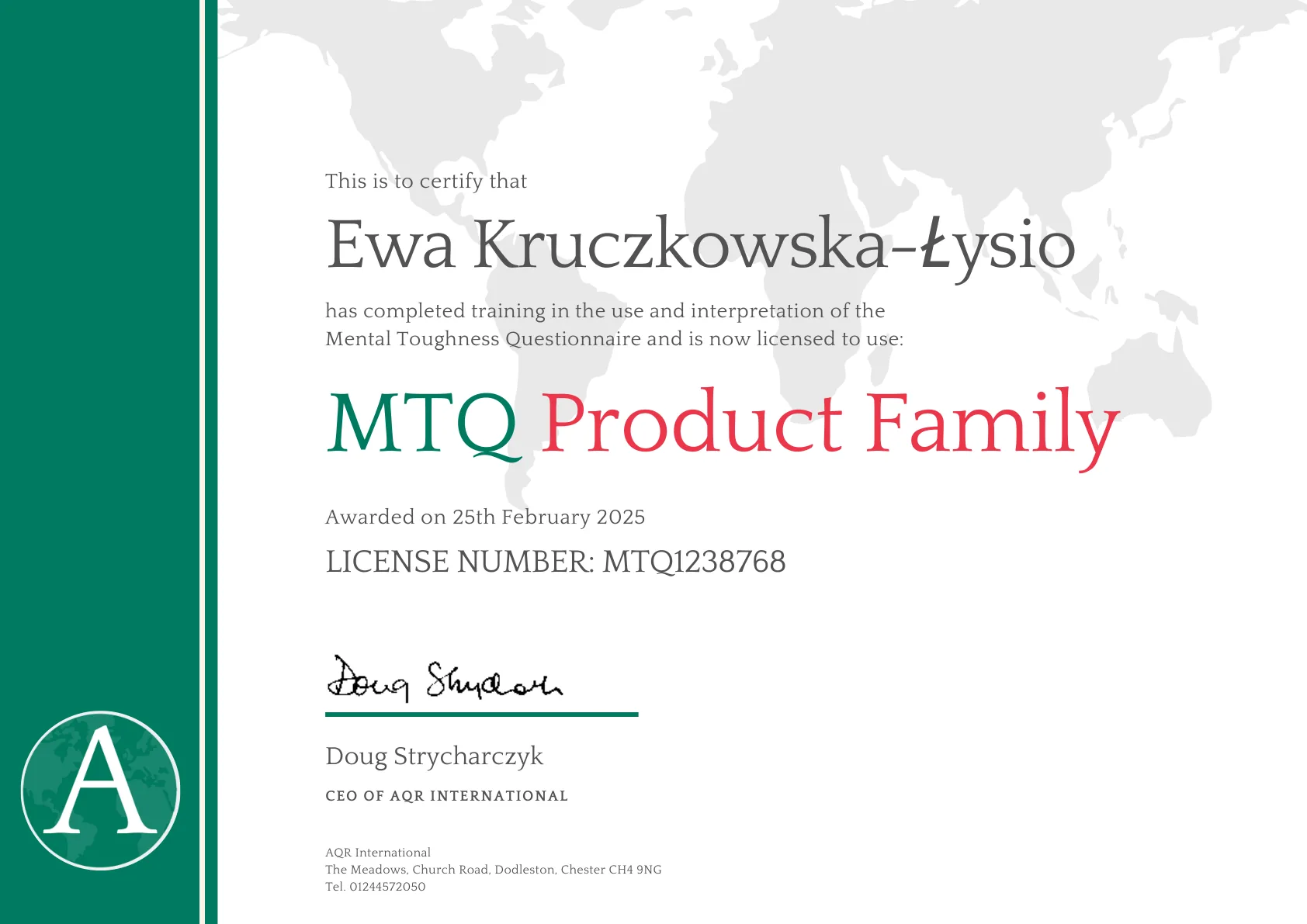 MTQ LUT Certificate Ewa Kruczkowska Łysio