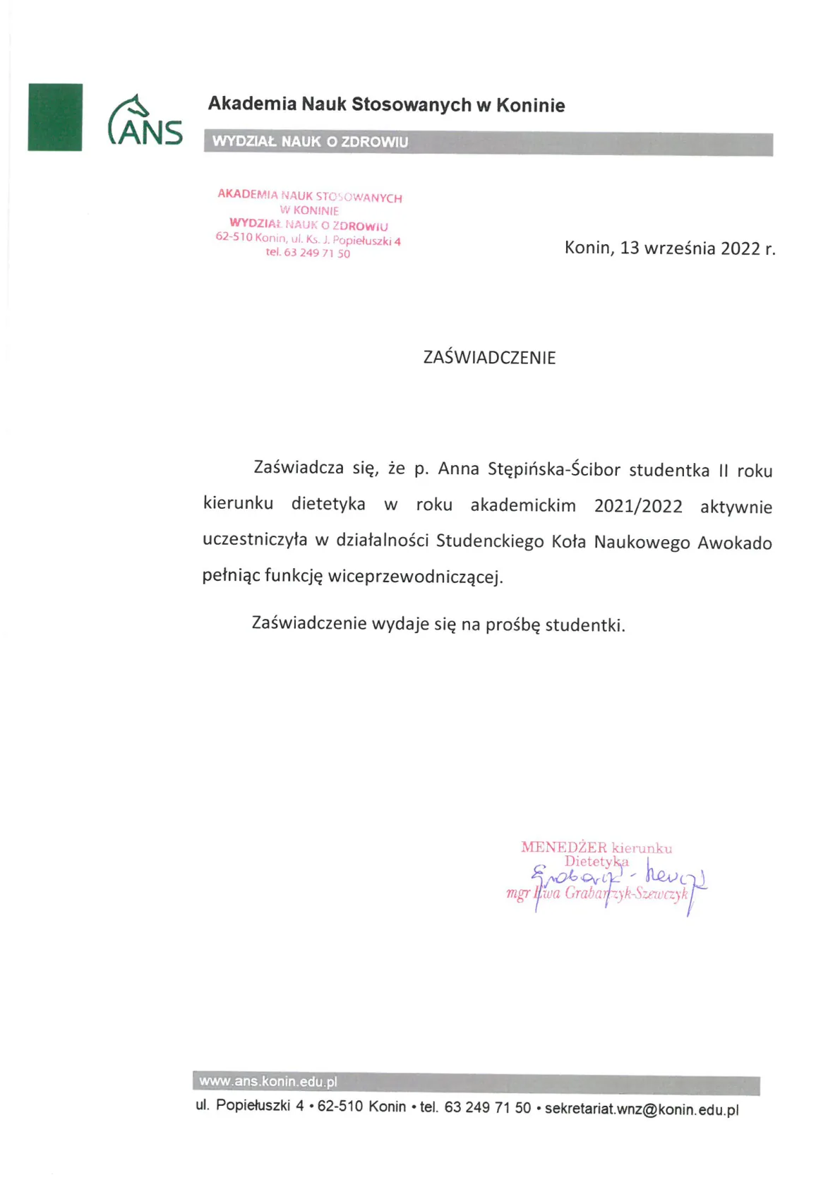 11. Zaświadczenie uczestnictwo w działalności Koła Naukowego Awokado w roku akademickim 2021.2022