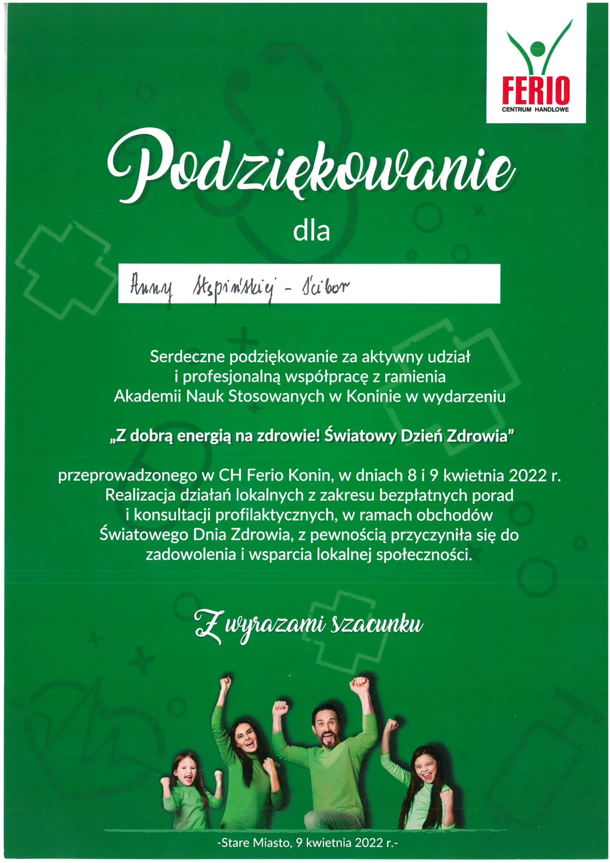15. Podziękowanie za wzięcie udziału w akcji promocyjnej w CH Ferio Konin 08. i 09.04.2022r.