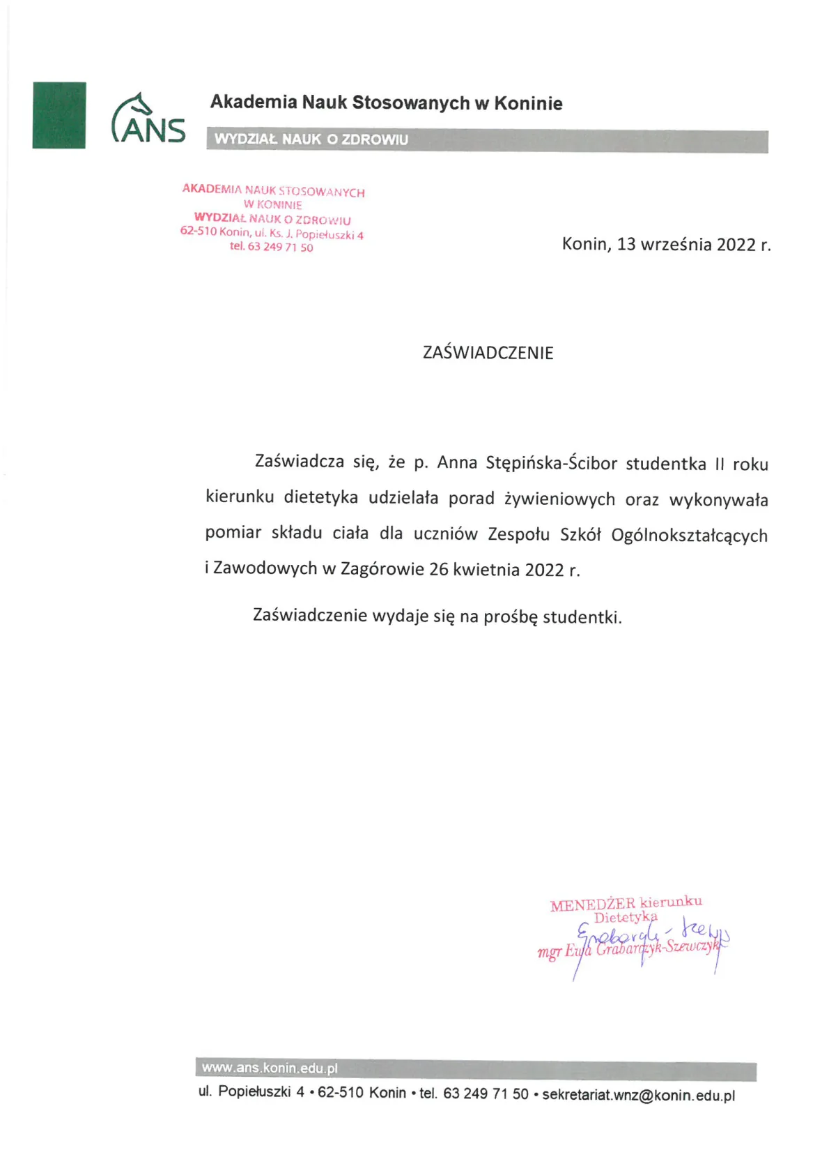16. Zaświadczenie udzielanie porad żywieniowych i wykonywanie pomiarów składu ciała ZSOiZ w Zagórowie 26.04.2022r.