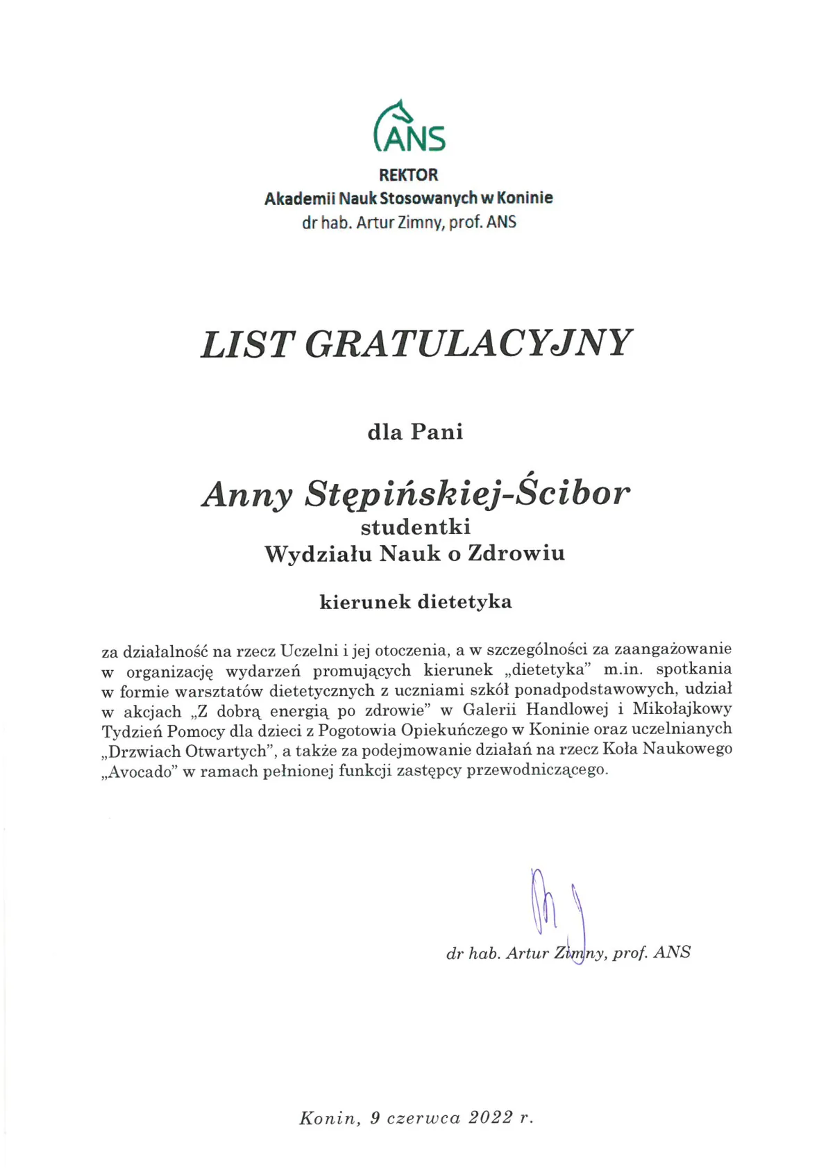 18. List Gratulacyjny za działalność na rzecz Uczelni i jej otoczenia dr hab. A. Zimny , prof. ANS 09.06.2022r.