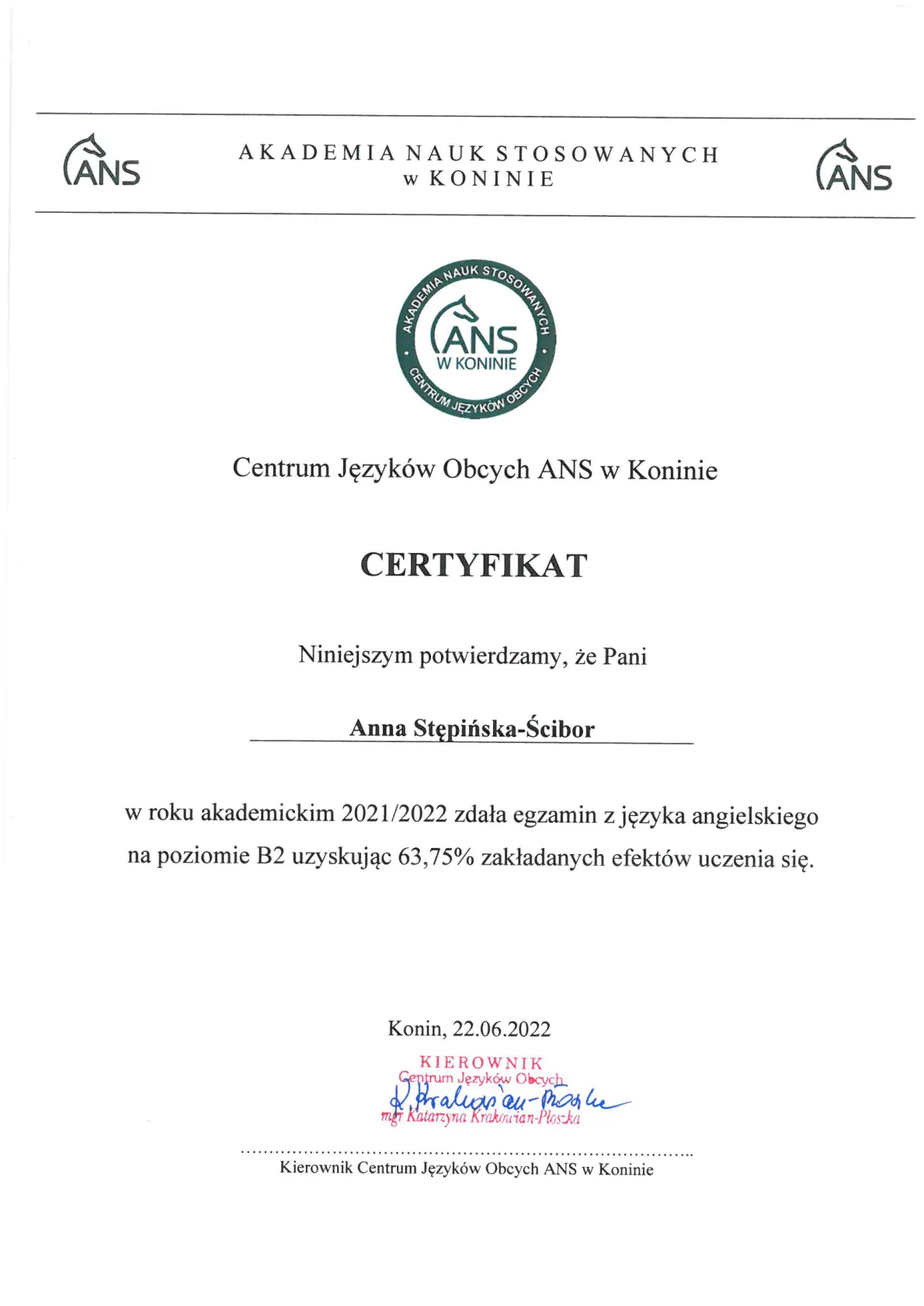 19. Certyfikat językowy ANS Konin 22.06.2022r.