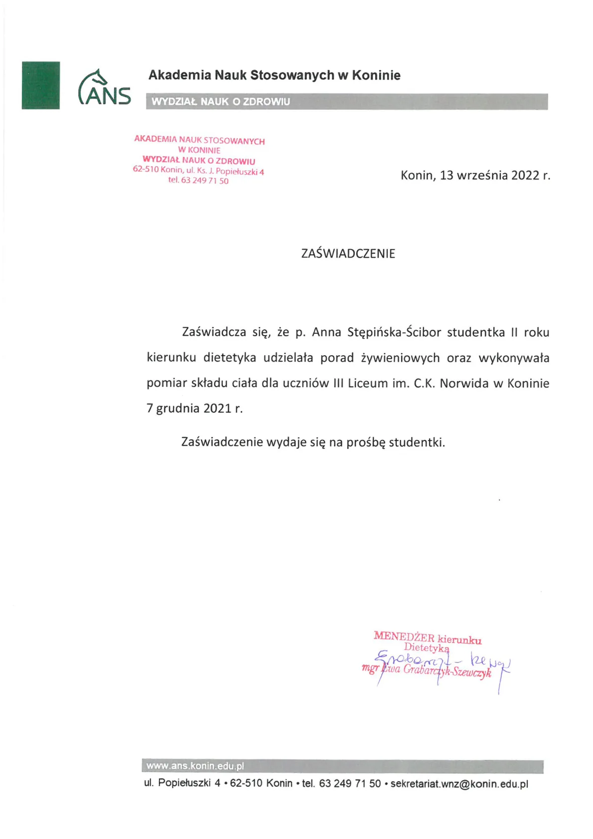 9. Zaświadczenie ANS Konin porady, pomiary składu ciała w III LO w Koninie 07.12.2021