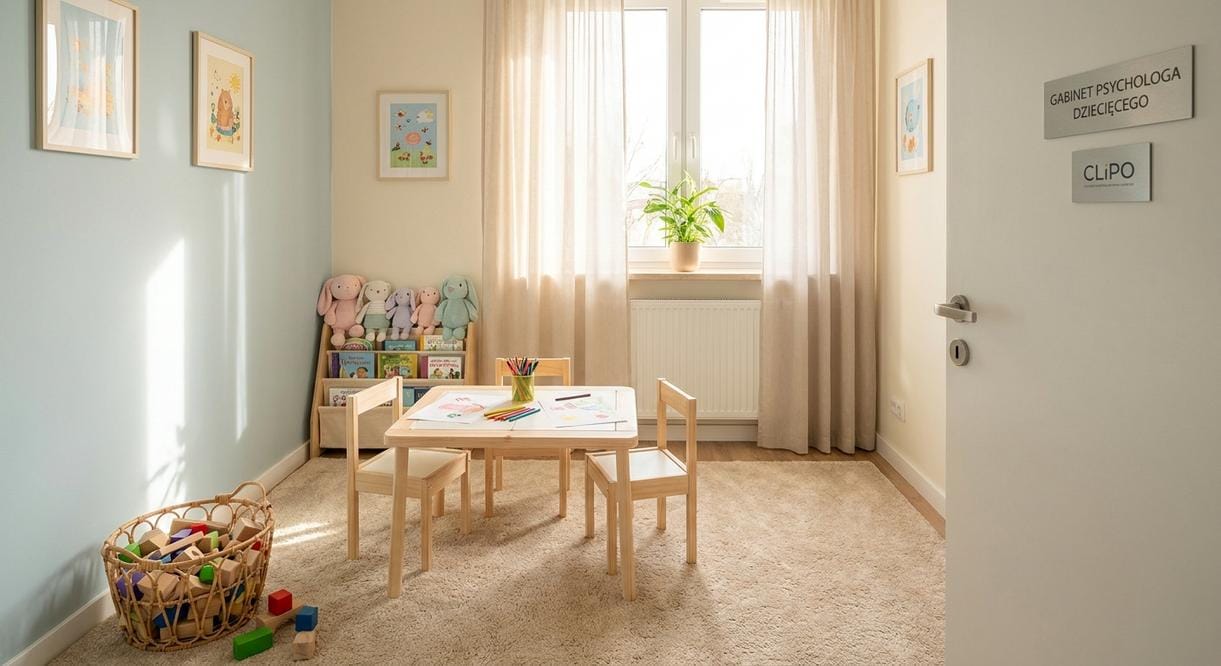 Psycholog dziecięcy w przyjaznym gabinecie wyjaśnia rodzicom, kiedy wystarczy konsultacja, a kiedy potrzebne leczenie